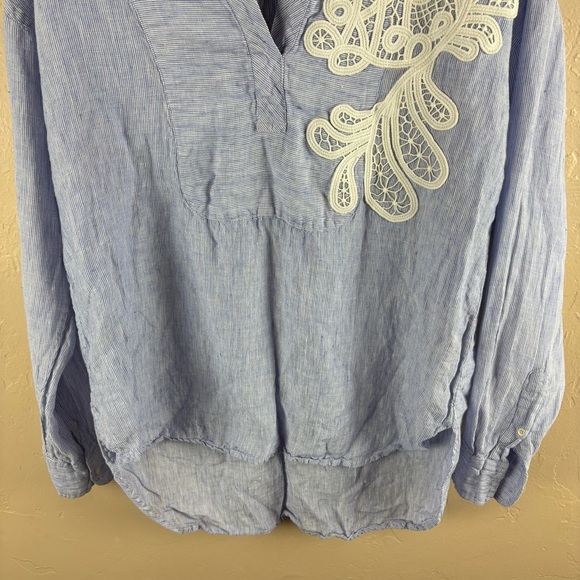 Lauren Ralph Lauren Blue Linen Embellished Crochet Lace Long Sleeve Blouse Large - Picture 3 of 10